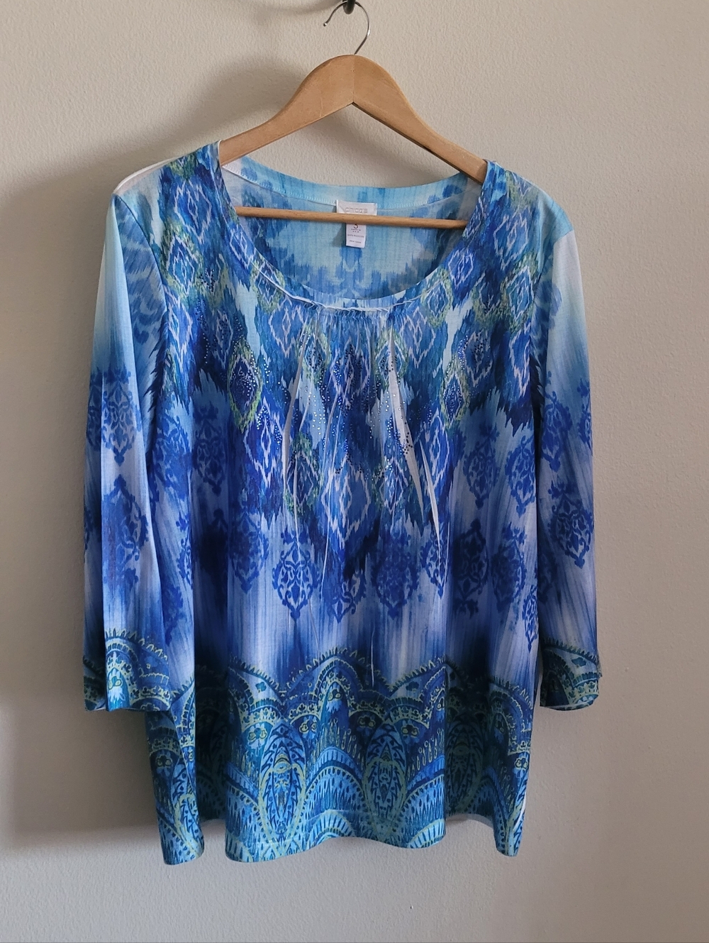 Chico's Gathered Scoopneck Bling Ikat Top, Women's XL, Blue, Green, & White
